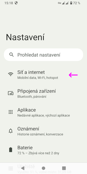 Nastavení → Síť a internet