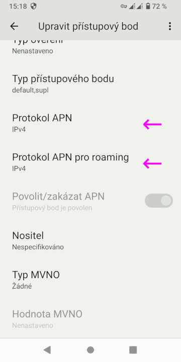 Změňte 'Protokol APN' a 'Protokol APN pro roaming' na 'IPv4/IPv6'